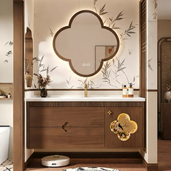 Song-Style Aesthetic Mid-Century Oak Lacquered Bathroom Cabinet with Integrated Ceramic Basin Washbasin Sink Custom-Made
