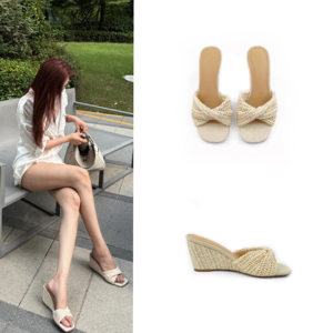 
Spring and summer Zhao Lusi's same style high-heeled straw slippers for outer wear wedge-heeled cross sandals seaside beach sandals