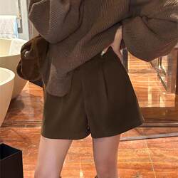 Plus-Size Brown Woolen Wide-Leg Shorts for Women, Spring and Autumn, Petite, High-Waisted, Slimming, A-Line, Suit-Style Casual Boot Shorts