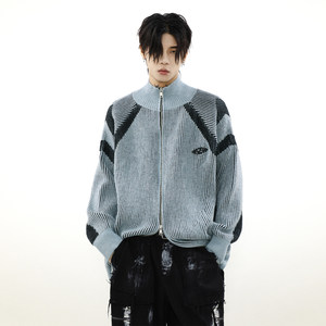 Mrnearly American retro design sense niche contrasting color striped turtleneck sweater couple knit cardigan jacket men