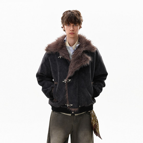
MRNEARLY American niche frosted PU fur collar cotton coat men's winter mountain sculpture thickened couple's cotton coat