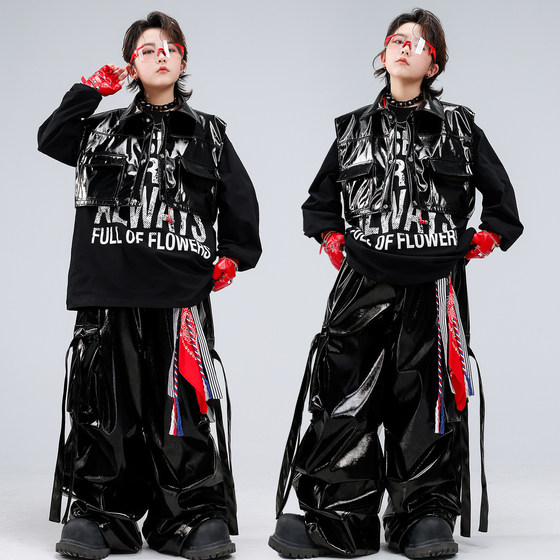 
Hip-hop boys and girls hip-hop shiny leather vests and leather pants performance clothes children's hiphop cool and handsome suits drum set
