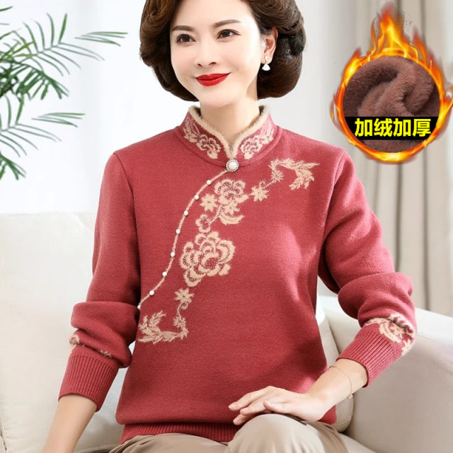 Middle-aged and elderly women's autumn and winter plus velvet and thickened all-in-one velvet tops, mother's winter clothing, loose, western style warm knitted sweater