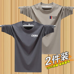 100% Cotton Long-Sleeve T-Shirt for Men, Round Neck, Large Size, Inner Layer, Spring and Autumn Printed Clothing, Loose Fit, All-Cotton Tee