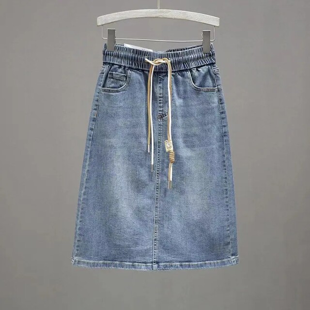 
2025 summer thin elastic waist tied denim skirt for women with a slit half-body midskirt, slim and versatile A-line skirt