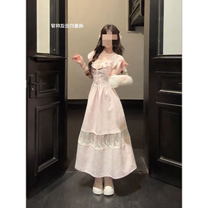 
New sweet golden style pink lace splicing jacquard dress women's waist slimming mid-length A-line dress