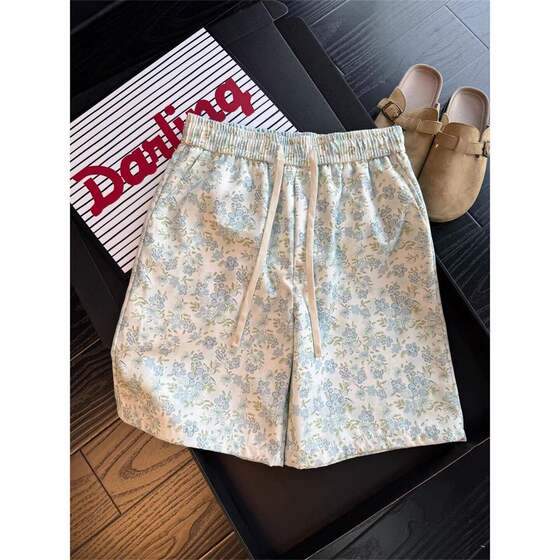 
Hawaiian blue floral quick-drying shorts for men and women in summer, thin, cool, loose, casual, wide-leg, five-point pants