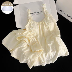 
Pajamas with breast pads for women summer new cloud cotton sweet apricot flower suspender shorts summer home wear set
