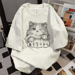 Heavyweight Pure Cotton Niche Design Cat Print Summer Short-Sleeve T-Shirt for Women, Loose Round Neck Trendy American Style Top