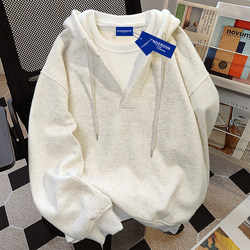 American Style New Versatile Simple Hooded Student Sweatshirt for Women, Autumn and Winter Fake Two-Piece Campus Style Patchwork Loose Top for Men