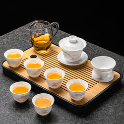 Dehua White Porcelain Jade-Like Kung Fu Tea Set for Home Use, Ceramic Teapot, Gaiwan, Teacups, Tea Tray for Living Room Tea Drinking