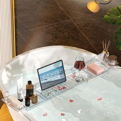 Adjustable Bathroom Shelf with Drainage, Bathtub Rack, Storage Board, Bathroom Tub Stand, Phone and Tablet Holder