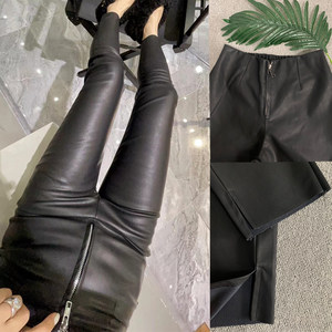 European Spring and Autumn New PU Leather Front Zipper Imitation Leather Bottom Pants Elastic Slim Fit One Piece Waist and Feet 9/4 Pencil Pants