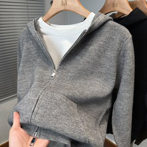 
Double zipper hooded knitted cardigan men's solid color versatile sweater jacket men's autumn and winter casual outer wear for young and middle-aged people