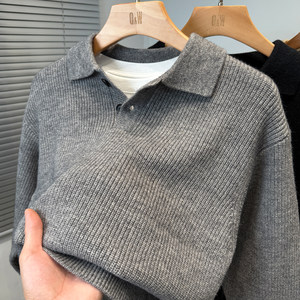 
Versatile solid color sweater men's lapel winter youth casual sweater men's polo collar pullover thickening