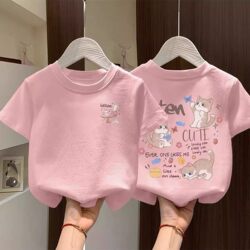 Children's White Pure Cotton T-Shirt Short-Sleeved Summer Girls' Cute Cartoon Cat Print Half-Sleeved Top for Older Kids