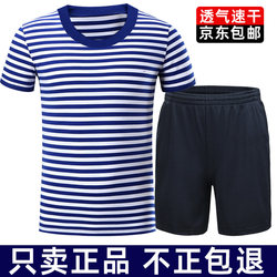 Men's Summer Physical Training Uniform Set, Quick-Drying and Breathable Military Fan T-Shirt, Men's Blue and White Striped Training Short-Sleeve Shirt