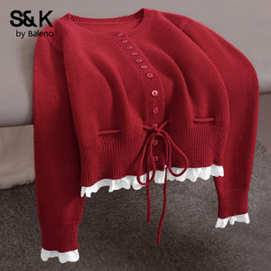 
Baleno S/K Series Red Ruffled Knitted Cardigan Sweater Women's 2025 Autumn and Winter New Top Jacket H