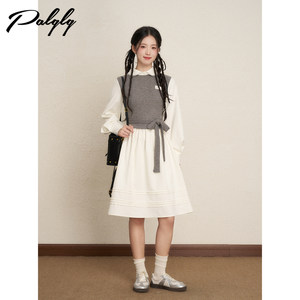 
Palglg high-end French fake two-piece knitted long-sleeved dress women's autumn and winter sweet temperament college style long dress