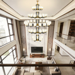 New Chinese-Style All-Copper Jade Large Chandelier for Duplex Villa Living Room, Multi-Layer Segmented Long Chandelier