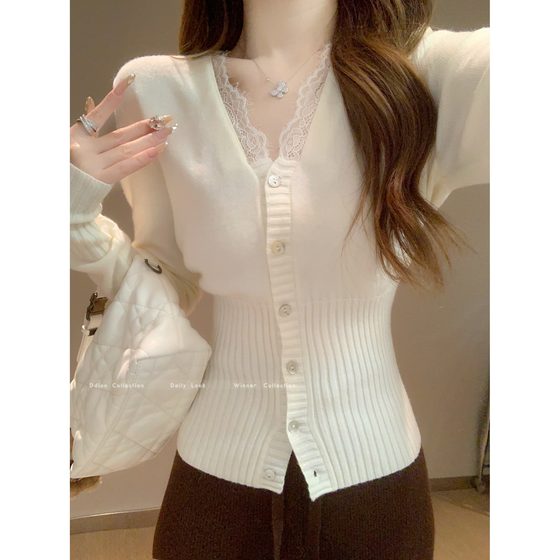 
V-neck lace splicing bottoming shirt for women in spring and autumn thin Korean style pure desire inner wear waist sweater knitted cardigan top