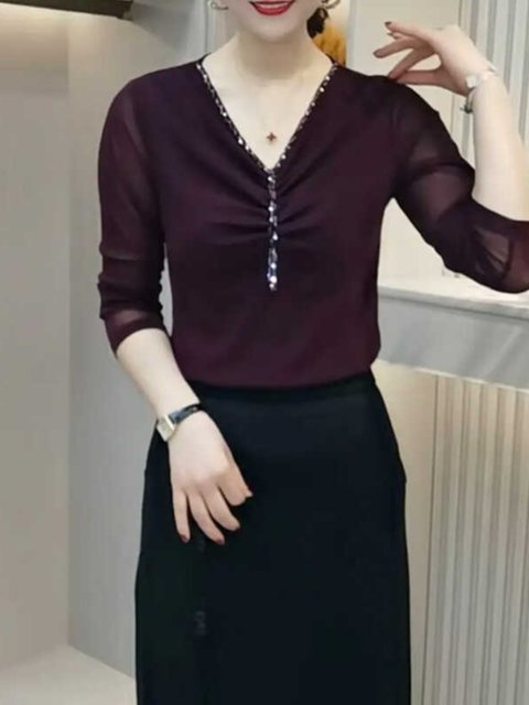 Temperament V-neck long-sleeved single-breasted shirt