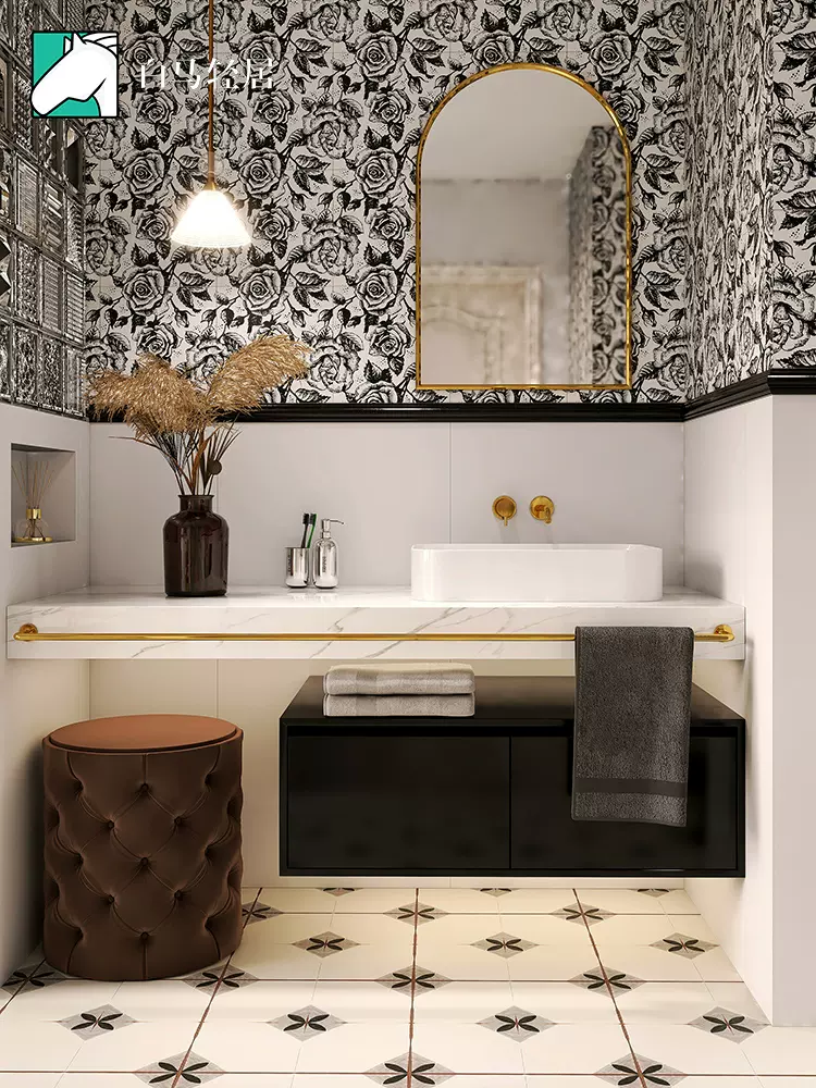 白馬法式化妝室地磚復古玫瑰小花磚瓷磚浴室廚房藝術黑白壁磚