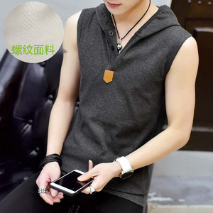 
Summer hooded sleeveless vest, Korean version, slim fit, fitness, sports and leisure, pure cotton, men's short-sleeved V-neck trend