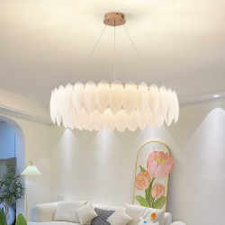 Gu Jia French-Style Cream-Colored Living Room Chandelier, Modern Light Luxury Circle Living Room Lamp, Feather Master Bedroom Lamp, Dining Room Chandelier