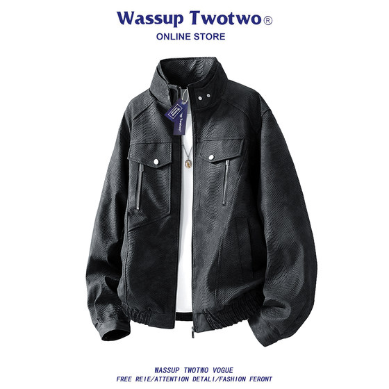 
WASSUP TWO TWO American motorcycle leather jacket men's autumn new fashion brand retro python pattern stand collar jacket