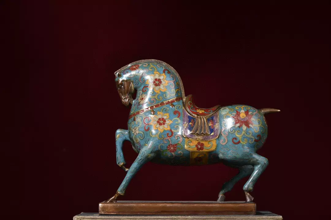 旧家珍蔵品・銅製・景泰藍・琺瑯彩・花紋・立馬發財』極細工・置物・古