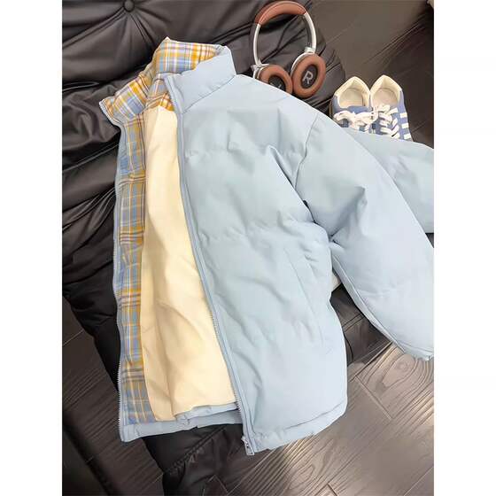 
Korean-style outfits, thickened cotton coats, men's winter Jinjiang blue plaid cotton coats, casual cotton coats for couples