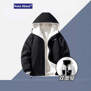 
New double-sided winter boys' casual lamb wool workwear jacket for couples, waterproof hooded plus velvet cotton coat, trendy brand