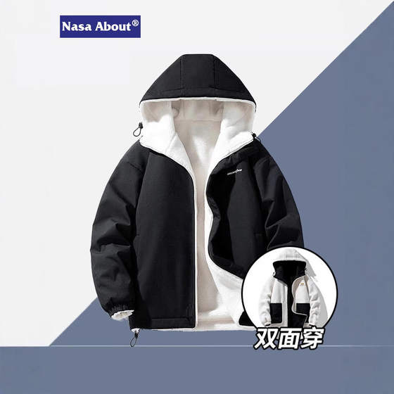 
New double-sided winter boys' casual lamb wool workwear jacket for couples, waterproof hooded plus velvet cotton coat, trendy brand