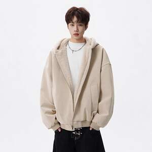 
American style mountain carving fur collar cotton coat men's winter trendy brand deconstructed thickened hooded cotton coat high street warm couple leather jacket