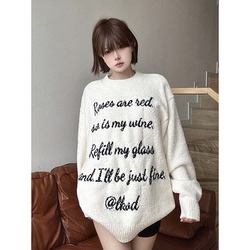 Lkstore Lkod2023 New Autumn And Winter Trendy Brand Slogans With Cursive Letters Sweater Knitted Long-sleeved Trendy Brand Couple
