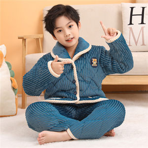 Winter children's pajamas flavor flavored cotton thickened coral velvet boys, big children long -sleeved home clothing suits