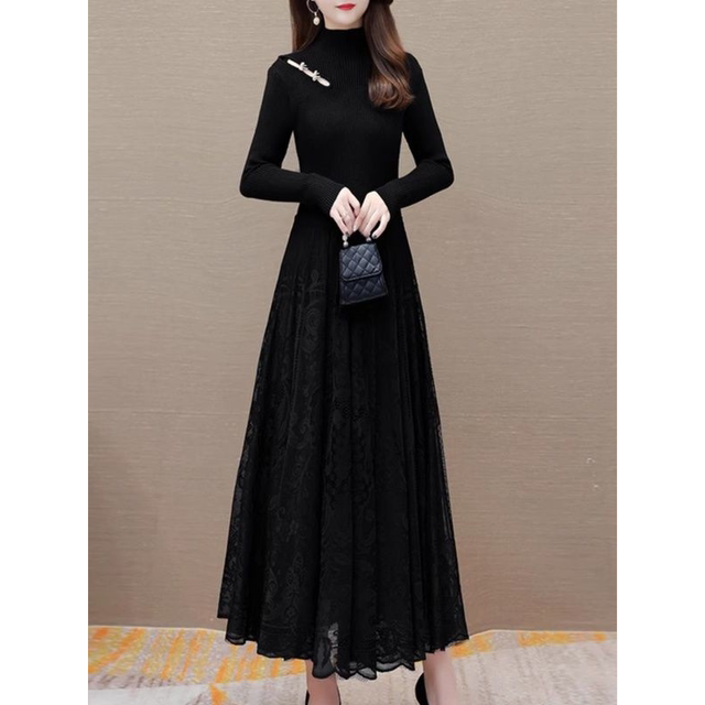 Half turtleneck sweater dress for women in autumn and winter 2025 new French base skirt fake two-piece spliced ​​lace knitted dress