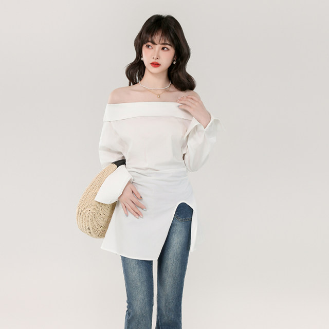 2025 summer Korean version of one-length neck temperament versatile white shirt waist-length slit design long-sleeved shirt top