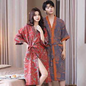 Spring and summer thin bathrobe pure cotton dual -layer gauze bathrobe home clothing sleeping robe couple model absorption fast dry yukata large size
