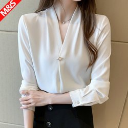 French-Style V-Neck Top, Professional Formal Wear, Wrinkle-Resistant Commuter Shirt, Spring Design, Long-Sleeved White Chiffon Shirt for Women