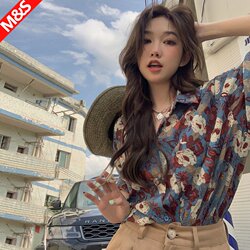 Hong Kong Style Floral Shirt for Women, Summer 2026 New Design, Niche Short-Sleeved Shirt, Loose Casual Retro Top