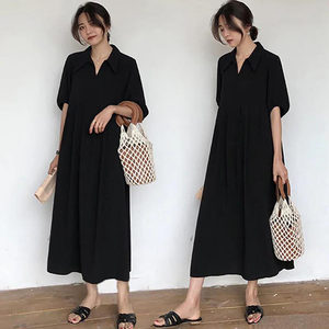 Fat sister large size women's 300*0.5kg dress over knee long Haoben small black skirt V -neck tall waist is thin 200*0.5kg