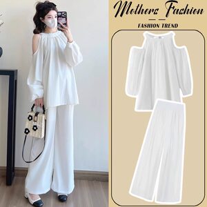 
Maternity suit spring and autumn 2026 new high-end temperament off-shoulder long-sleeved loose shirt wide-leg pants two-piece set for women