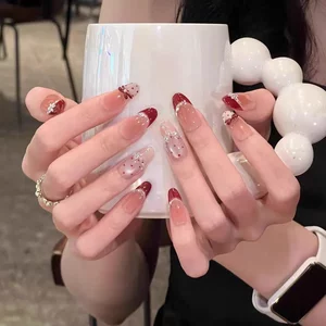 
Wear Nail 2026 New Year's Style Retro Red Swan Polka Dot French Cat's Eye Bow Sparkling White Handmade Manicure