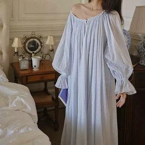 
French romantic palace style nightgown long-sleeved pure cotton princess spring and autumn sexy retro pajamas for women to wear outside home clothes