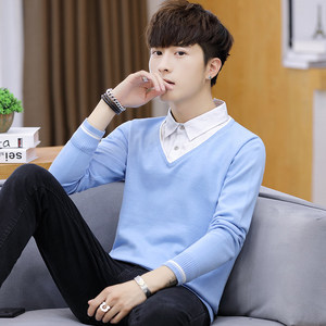 
Sweater men's high-end youth fake two-piece shirt collar long-sleeved inner wear winter velvet thickened new top trendy