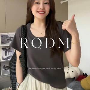 
Plus size women's clothing 2026 summer new fat sister threaded neckline U-neck slim solid color right shoulder short-sleeved T-shirt top