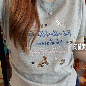 
Plus size women's clothing 2026 summer new fat MM cartoon letter embroidery waist slimming right shoulder short-sleeved T-shirt top