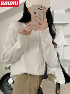 
Slim round neck long-sleeved T-shirt for women with large size pit strip cotton top slightly fat sister loose shoulder spring and autumn base shirt